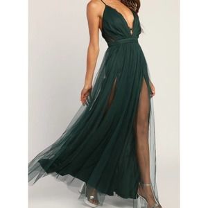 LULU'S M Maniju Forever Impressing Dark Green Tulle Maxi Dress